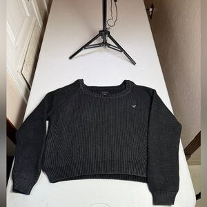 True Religion Sz L Black Knit Sweater Wax Coated 100% Cotton Pullover Logo